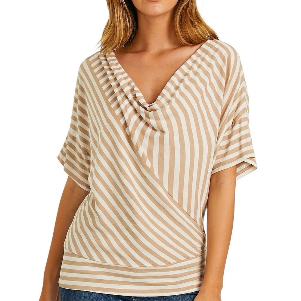 Calvin Klein Asymmetric Striped Print Loose Draped Dolman Sleeve Cowl Neck Top L